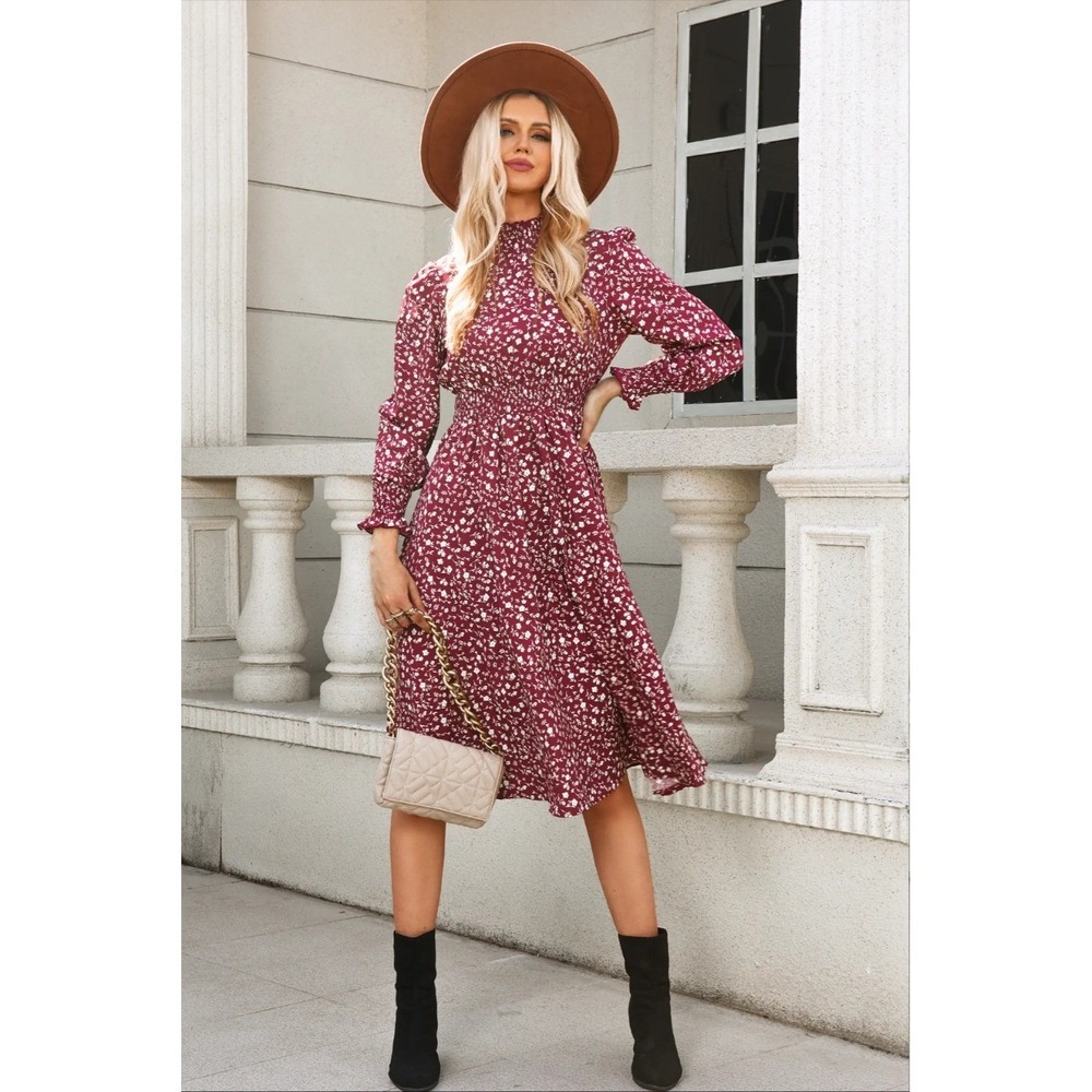 CUPSHE Burgundy Leopard Print Long Sleeve Midi Dress Size L Mock Neck Belted NWT